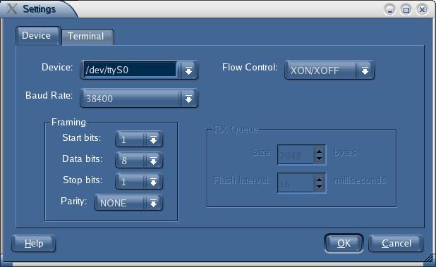 Komport settings window: Device